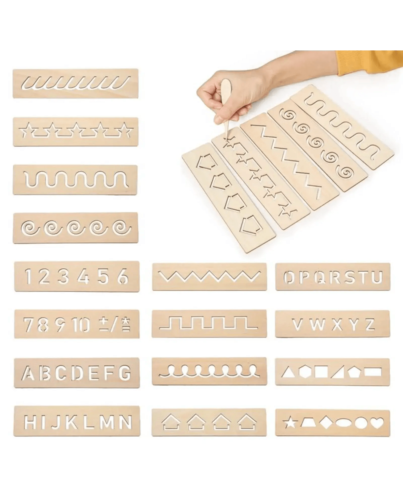 2 in 1 Bundle: Set of 16 Montessori Stencil Set + Alphabet Drawing Stencils and Puzzles 52 Pieces - FB GAMEZ
