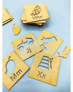 2 in 1 Bundle: Set of 16 Montessori Stencil Set + Alphabet Drawing Stencils and Puzzles 52 Pieces - FB GAMEZ