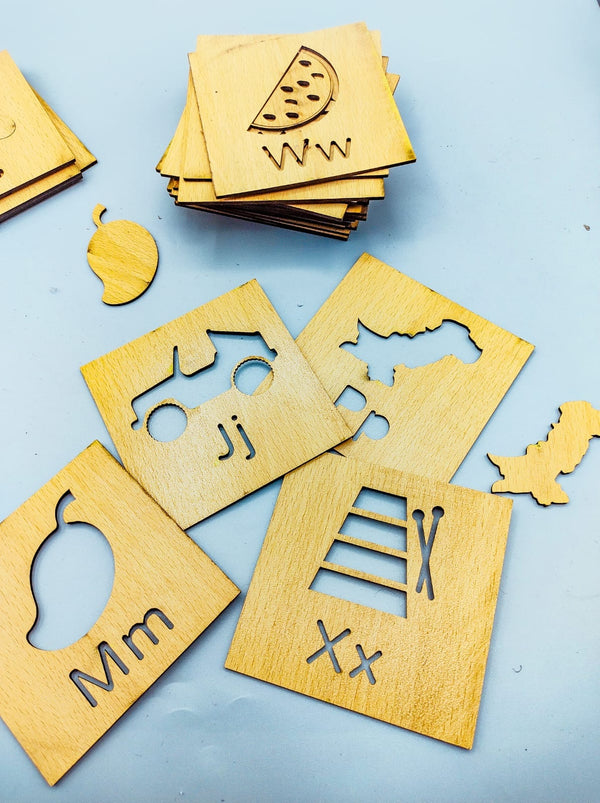2 in 1 Bundle: Set of 16 Montessori Stencil Set + Alphabet Drawing Stencils and Puzzles 52 Pieces