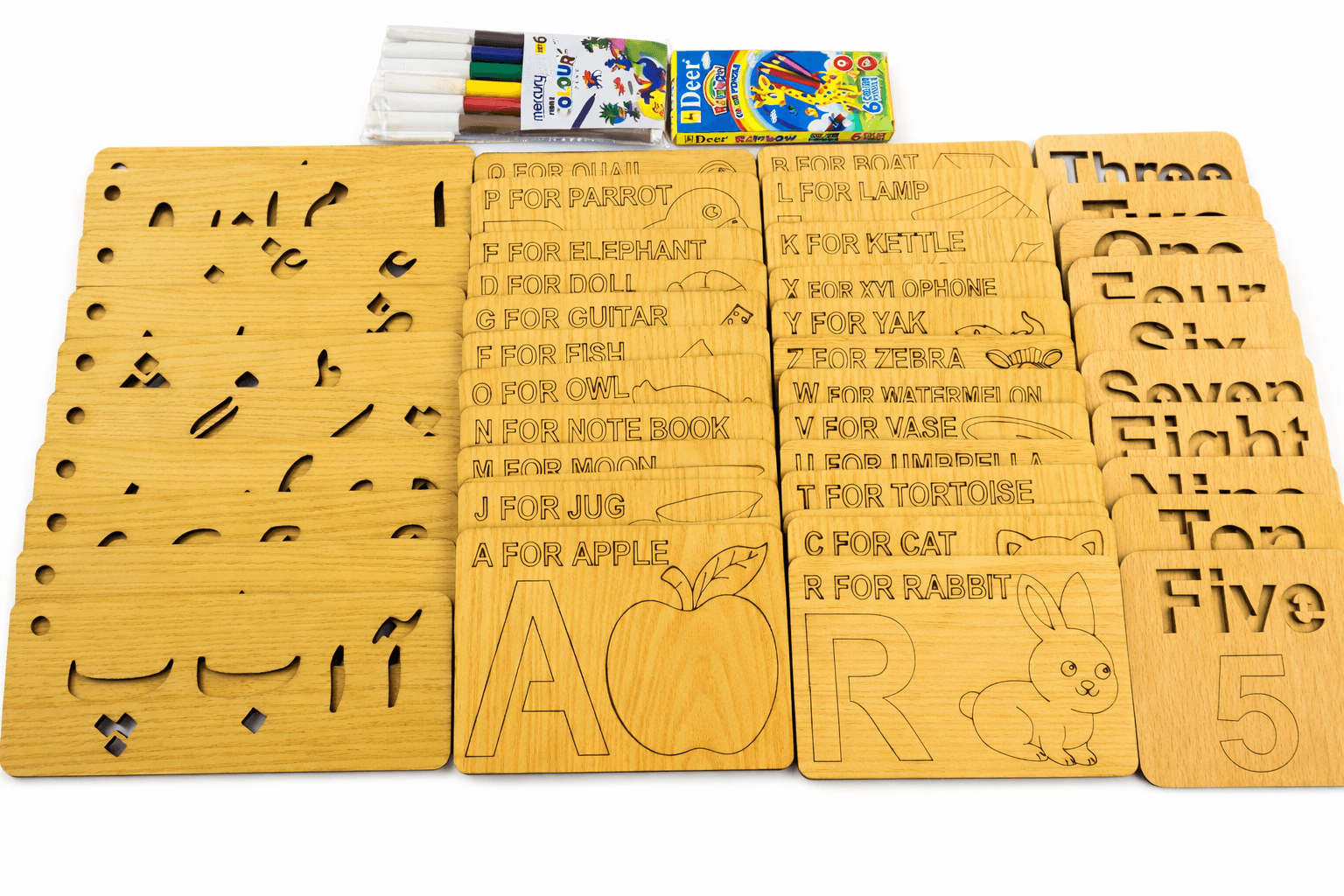 8-in-1 Wooden Kids Learning Stencil Kit – Urdu, English, Numbers, Shapes & Activity Boards with Colors | FB GAMEZ