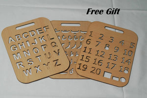 FB GAMEZ wooden Urdu stencils set arranged in a circle – animals, objects and Urdu tracing tiles for early learning.
