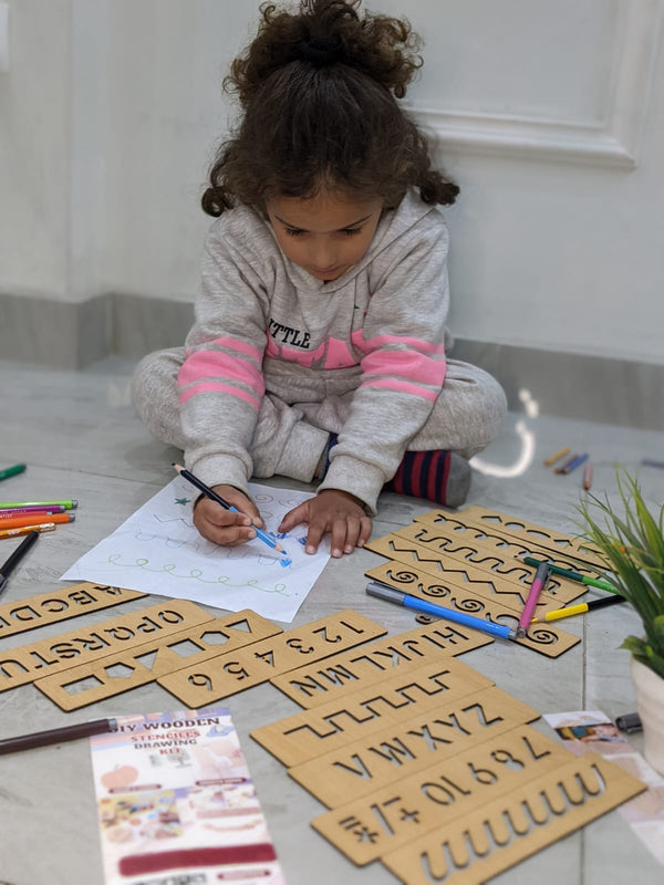 2 in 1 Bundle: Set of 16 Montessori Stencil Set + Alphabet Drawing Stencils and Puzzles 52 Pieces