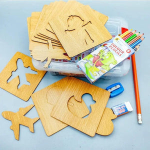 DIY Wooden Stencils Drawing Kit - 24 Pieces with Colors | Creative Art Set - FB GAMEZ