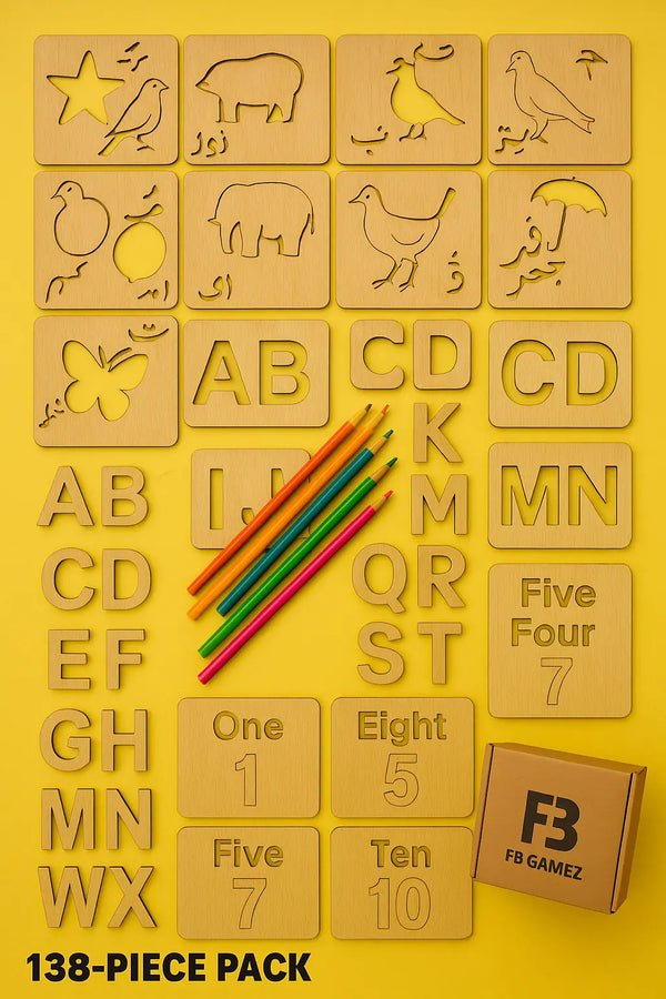 138-piece wooden kids drawing stencils set by FB GAMEZ – Urdu, English, Math learning pack