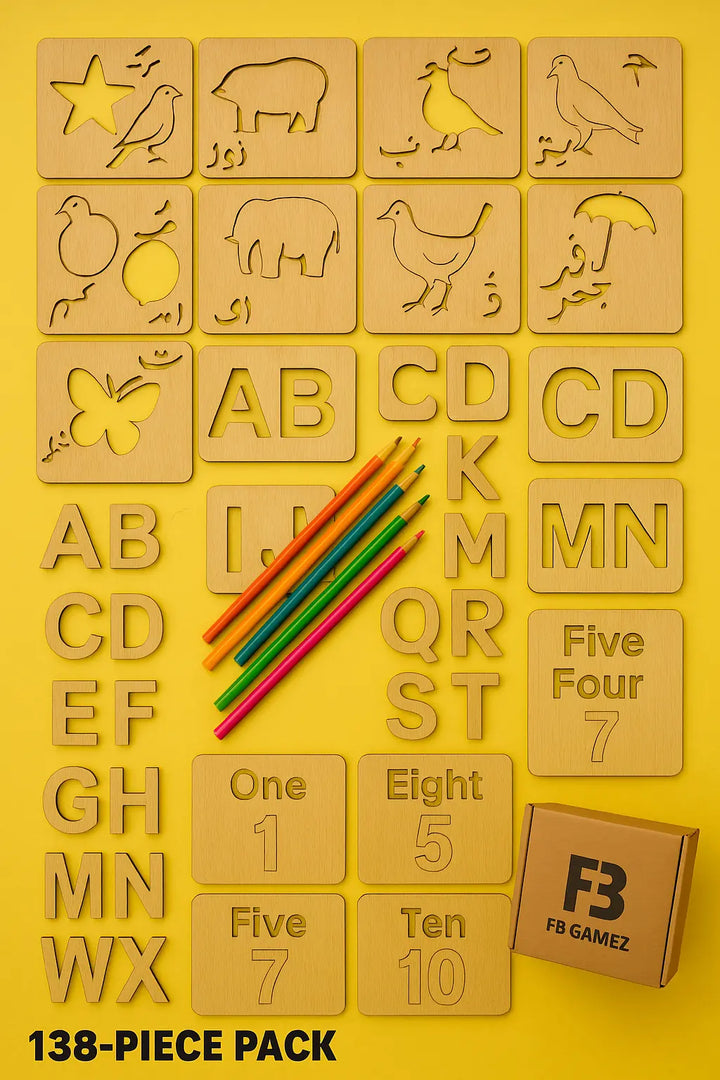 138-piece wooden kids drawing stencils set by FB GAMEZ – Urdu, English, Math learning pack