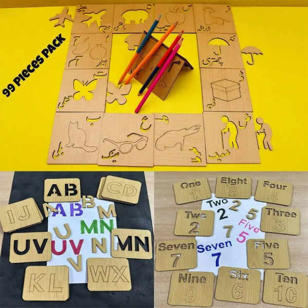 3 in 1 Wooden Kids Drawing Stencils + Puzzle Jumbo Pack ( 99 Pieces Set ) - FB GAMEZ