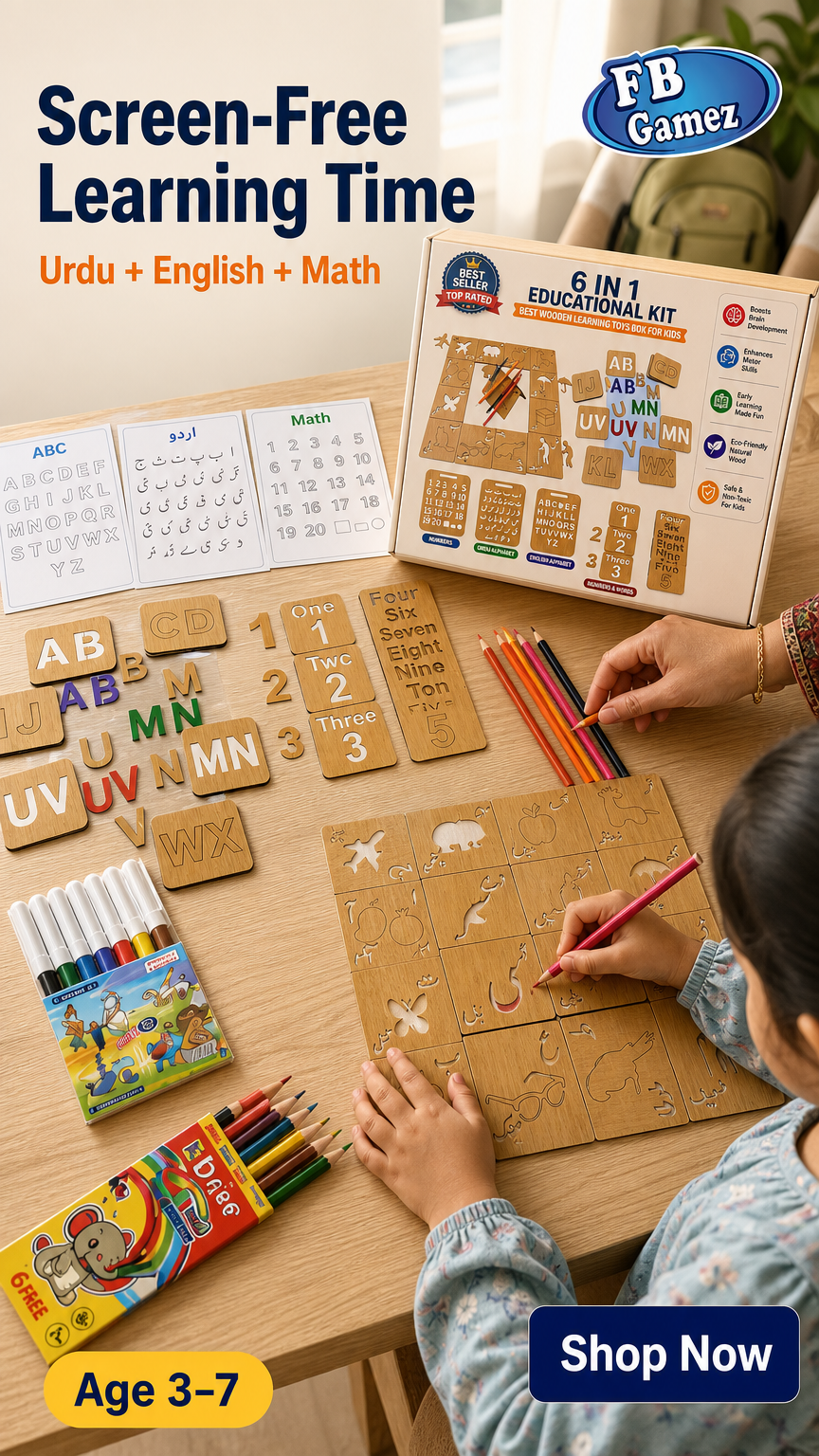 6 in 1 Wooden Learning Kit for Kids (Urdu + English + Math) – Screen Free Educational Toy
