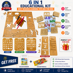 FB GAMEZ™ 6-in-1 Wooden Kids Drawing Stencils & Puzzle Set – Urdu, English & Math