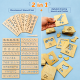 2 in 1 Bundle – Set of 16 Montessori Stencil Boards + Alphabet Drawing Stencils & Puzzles (52 Pieces) | Educational Tracing & Learning Kit with Colors | FB GAMEZ