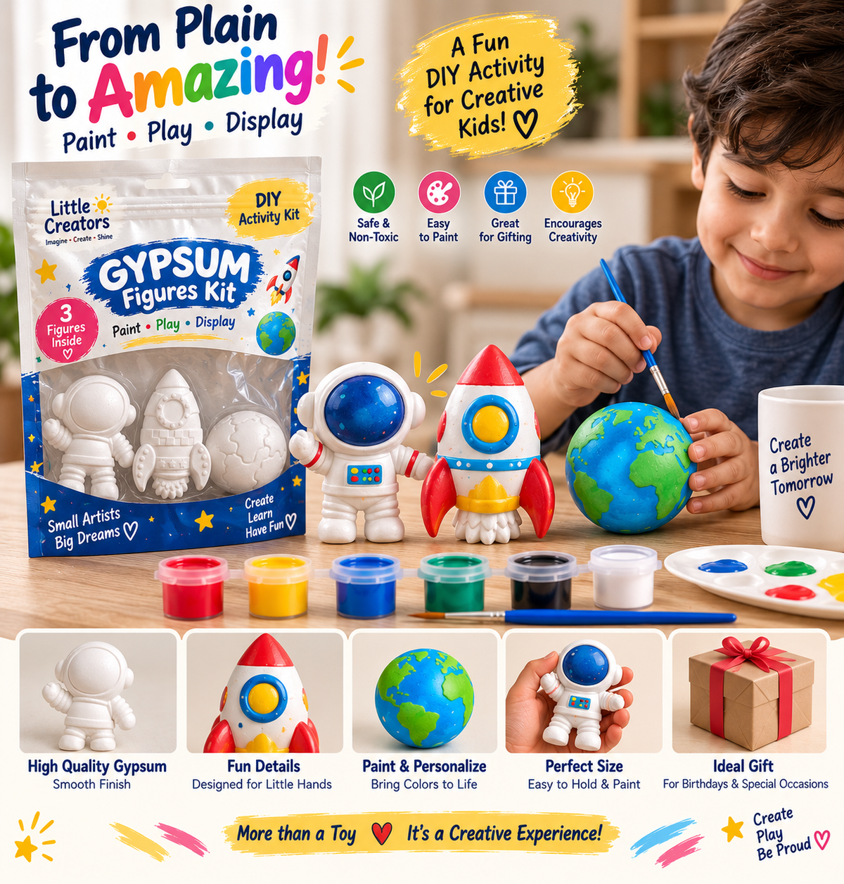 DIY gypsum figures kit for kids with astronaut rocket planet and paint set