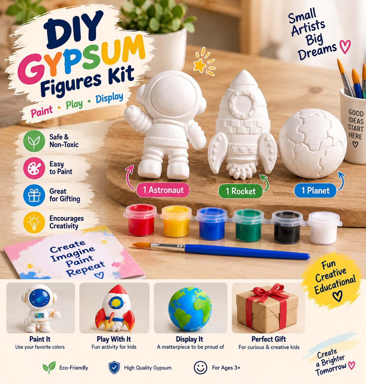 DIY gypsum figures kit showing astronaut rocket and planet painting activity