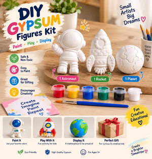 DIY gypsum figures kit showing astronaut rocket and planet painting activity