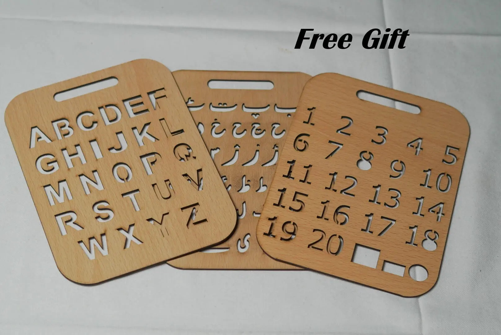 FB GAMEZ wooden Urdu stencils set arranged in a circle – animals, objects and Urdu tracing tiles for early learning.