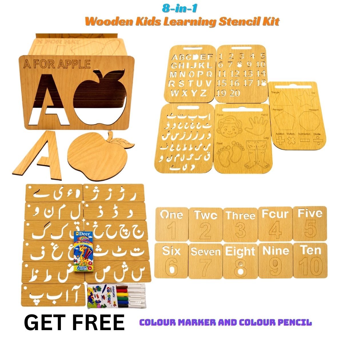 8-in-1 Wooden Kids Learning Stencil Kit – Urdu, English, Numbers, Shapes & Activity Boards with Colors | FB GAMEZ
