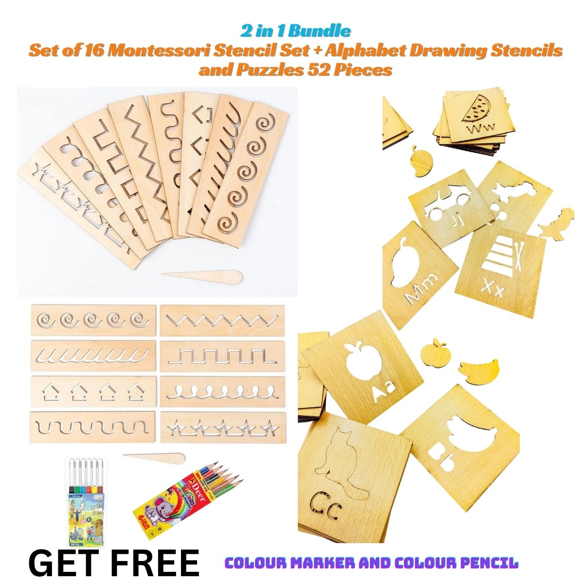 2 in 1 Bundle: Set of 16 Montessori Stencil Set + Alphabet Drawing Stencils and Puzzles 52 Pieces
