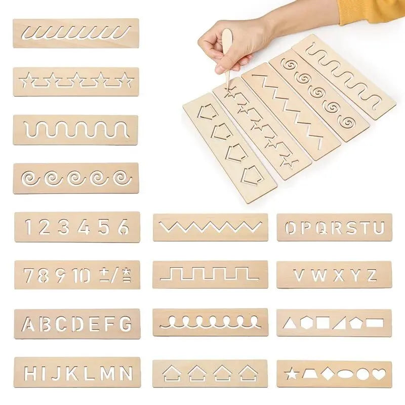Set of 16 Wooden Montessori Stencil Set for Toddlers – ABC with Pictures & Puzzles FB GAMEZ