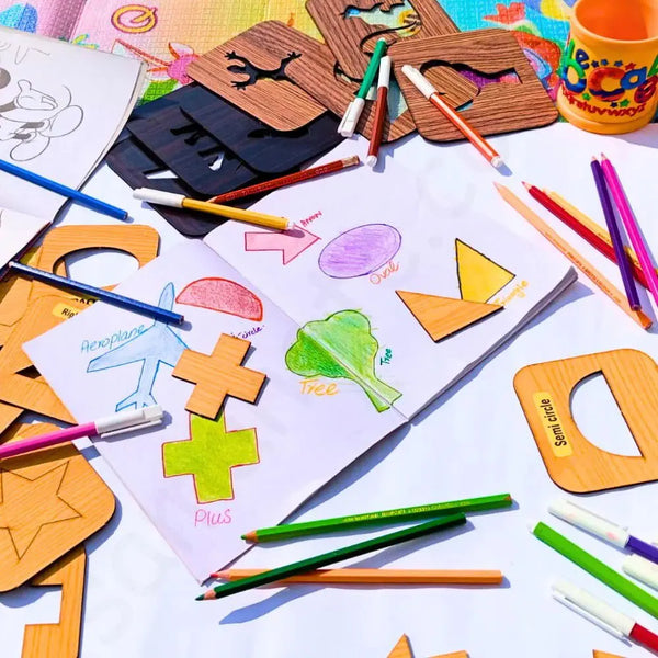 Wooden Shapes Drawing And Puzzles Stencils – 24 Pieces ( 12 Inner + 12 Outer ) - FB GAMEZ
